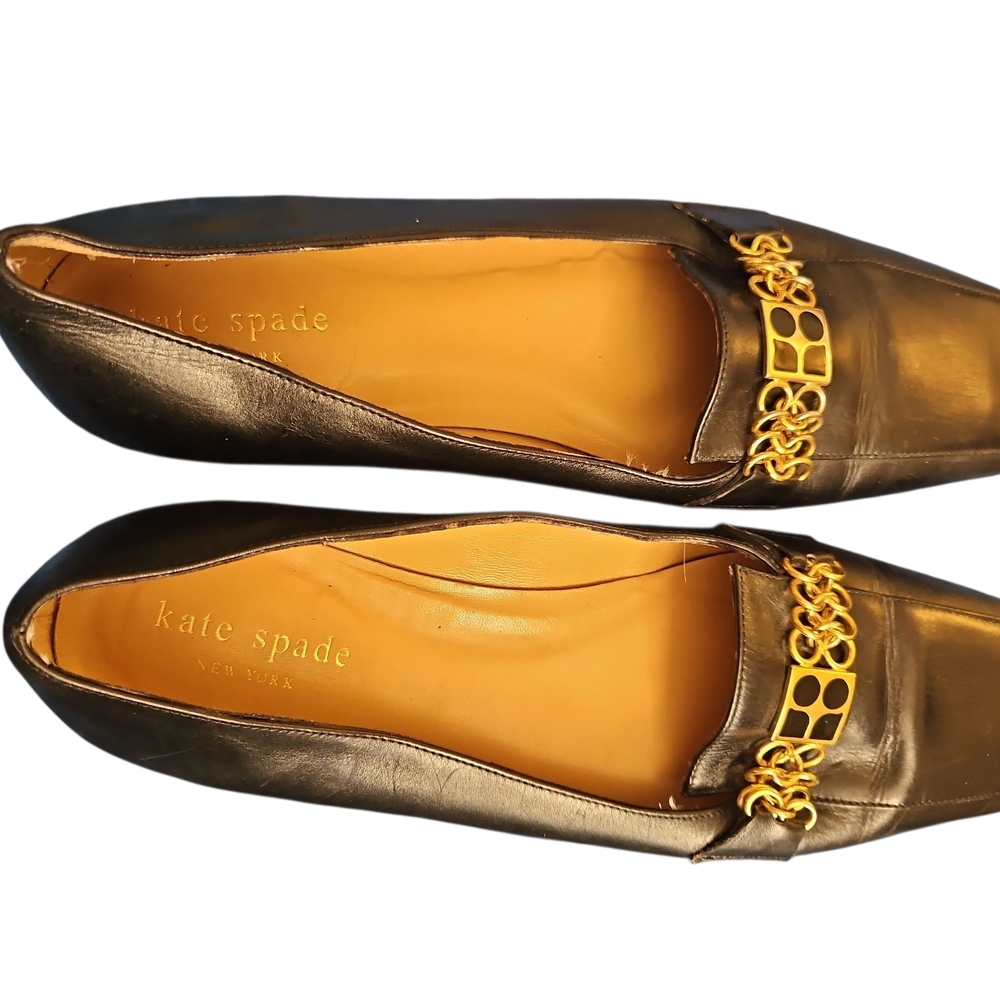 Kate Spade Black Loafers with Gold Chain Detail